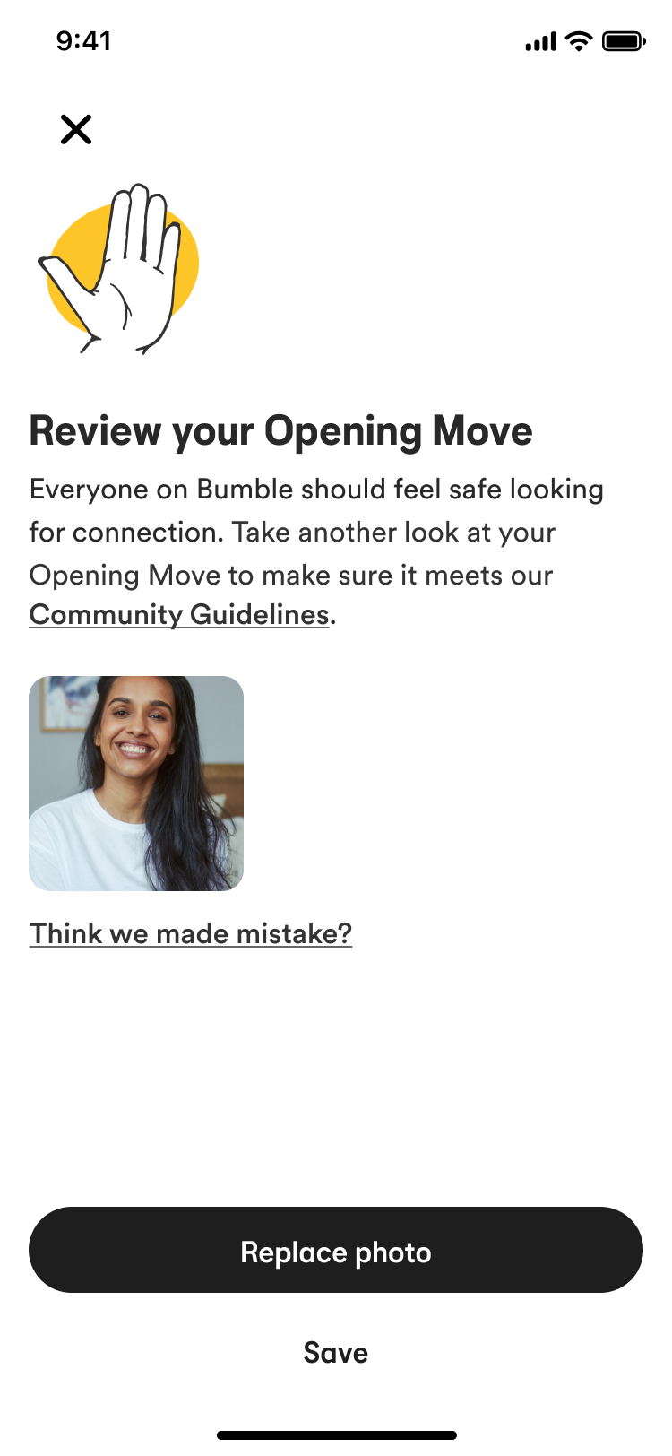 Bumble Opening Moves — review flow screen