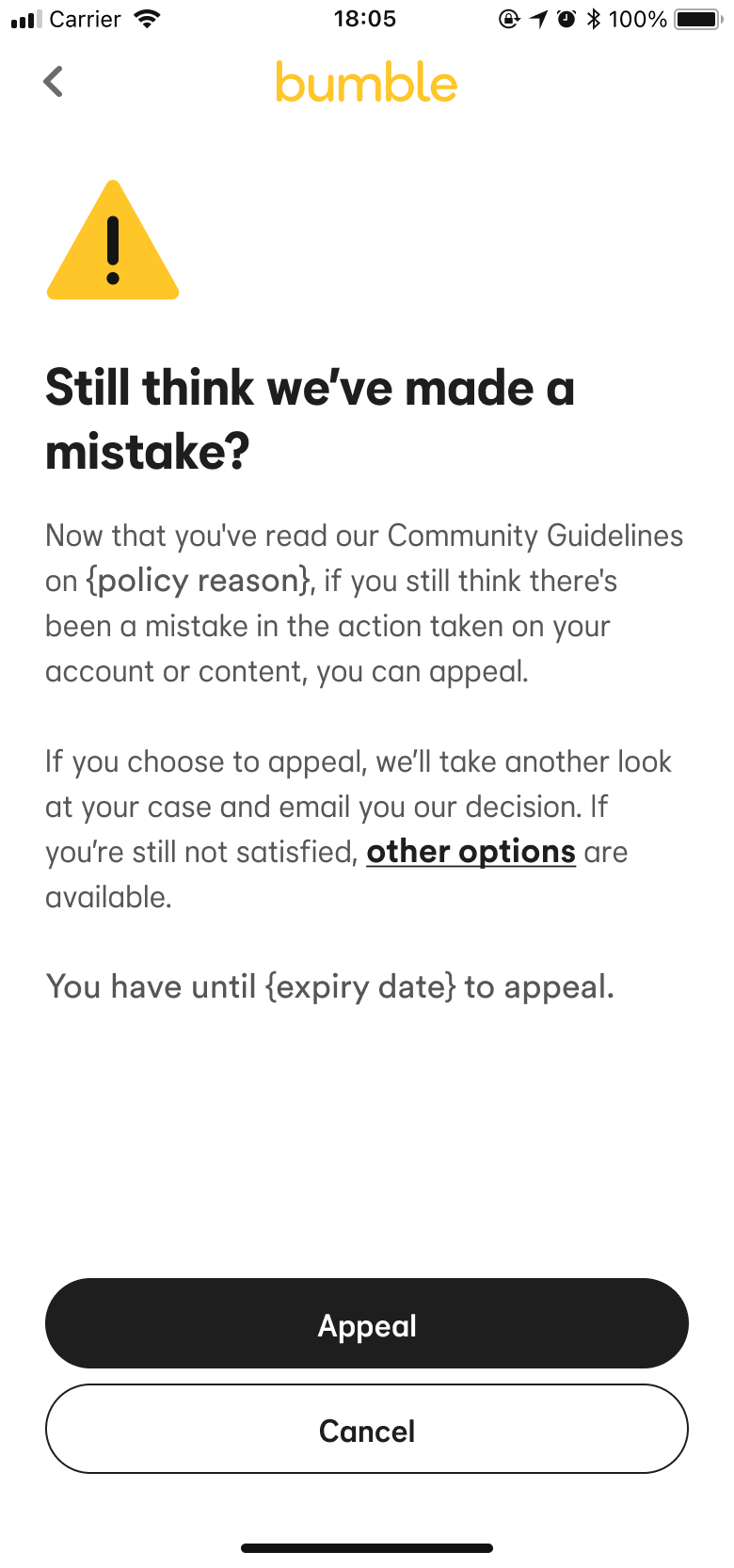Bumble Opening Moves — appeal confirmation screen
