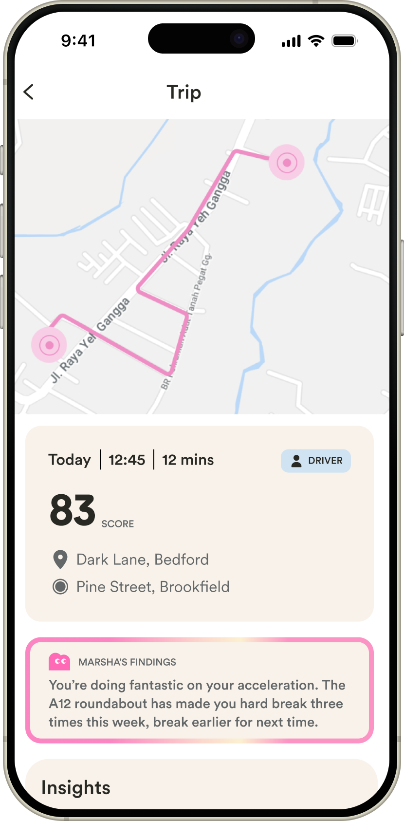 Marshmallow telematics app — screen 1